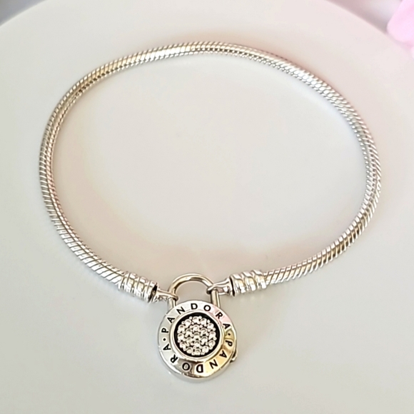 Pandora  Sterling Silver Logo CZ Padlock Snake Chain Bracelet  8" - Picture 1 of 5